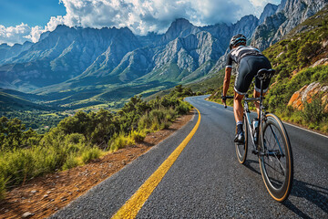 Fototapeta premium Cyclist cycling on scenic winding mountain road surrounded by lush green valley and majestic rocky peaks under the clouds