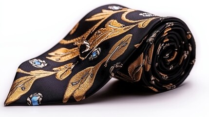 Elegant Rolled Tie with Leaf and Gemstone Patterns