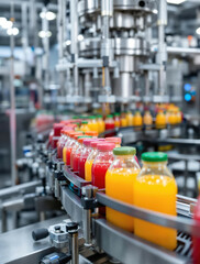 High-Resolution Image of Vibrant Fruit Juice Production in Clean Stainless Steel Industrial Facility