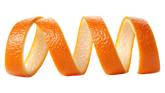 Close up of a spiraled orange peel.  Fresh, zesty, citrus.