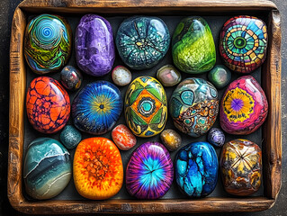 Multicolored stones in a wooden box