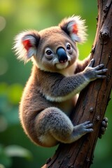 Fototapeta premium Vibrantly colored cute koala hanging from eucalyptus tree branch, branch, hanging, eucalyptus