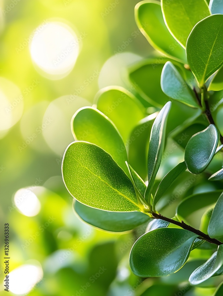Poster close up of vibrant green leaves with soft sunlight in the background creating a beautiful bokeh eff