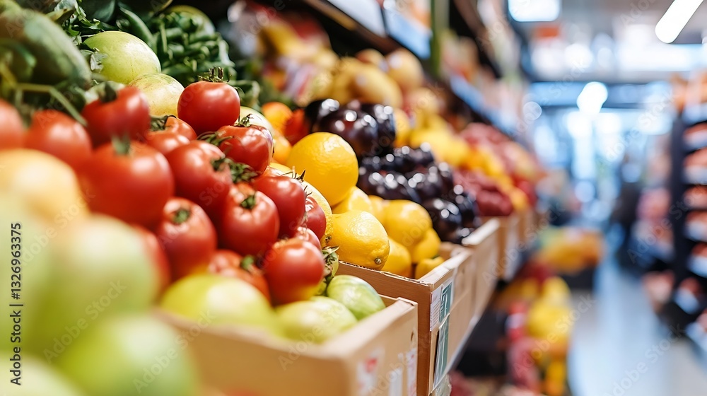 Poster colorful display of fresh fruits and vegetables arranged neatly on shelves in a vibrant grocery stor
