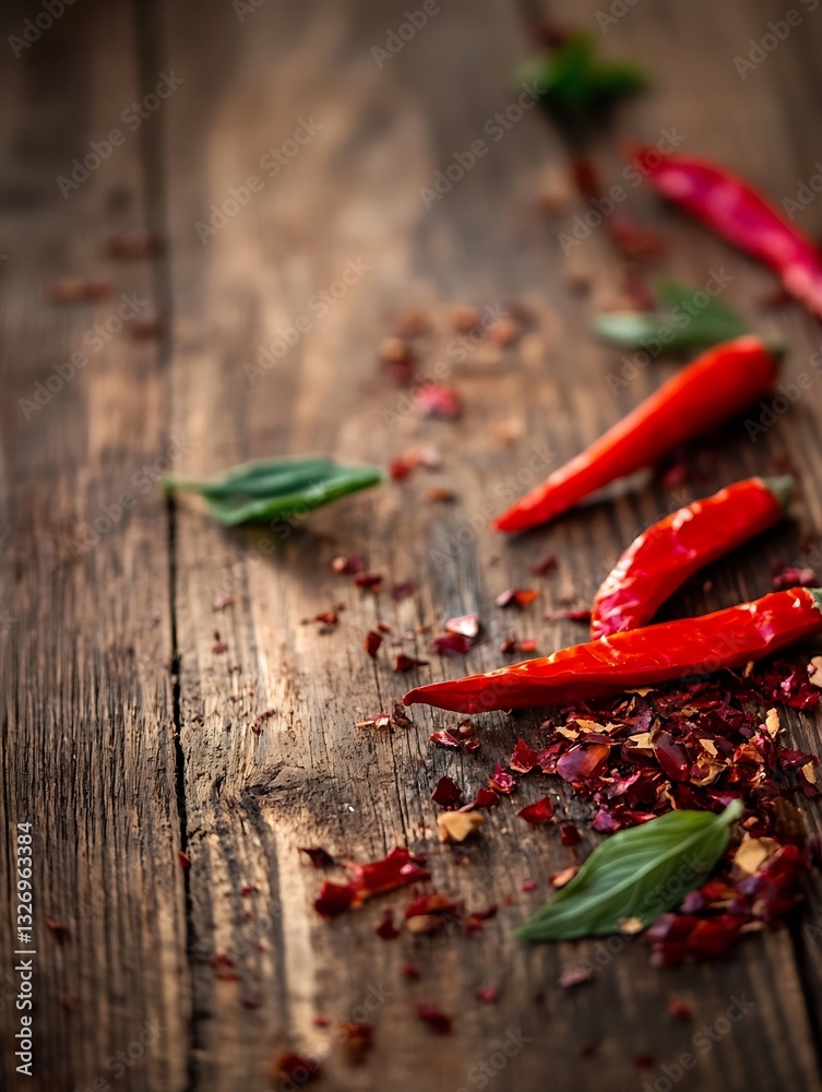 Poster fresh red chili peppers scattered on a rustic wooden surface with herbs and spices enhancing flavor 