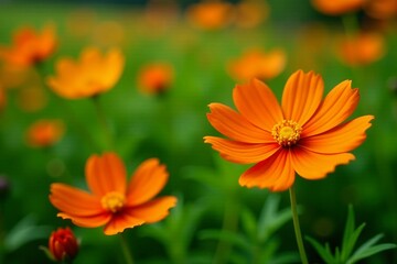 Vibrant orange cosmos flowers in full bloom, green foliage, garden, cosmos, blossom