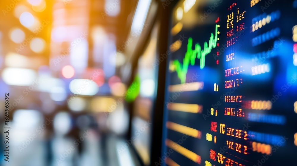 Poster Close Up of Stock Market Ticker Displaying Financial Data with Colorful Graphics in a Busy City Setting : Generative AI