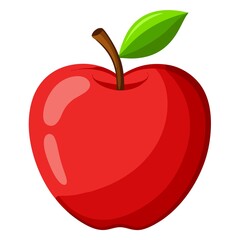 Cartoon red apple with green leaf and brown stem, isolated on white background, vector art