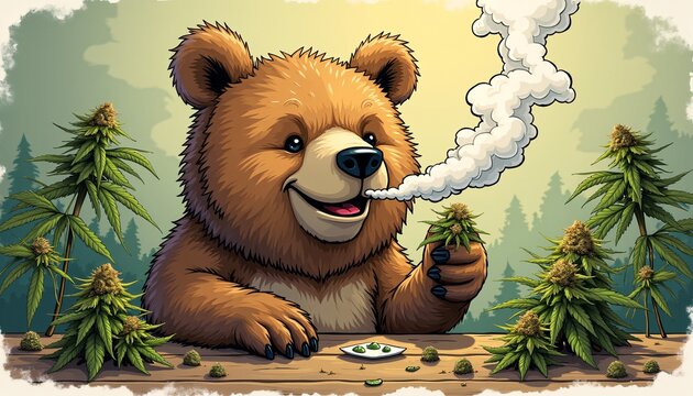Bear Animal smoking ganja weed illustration.