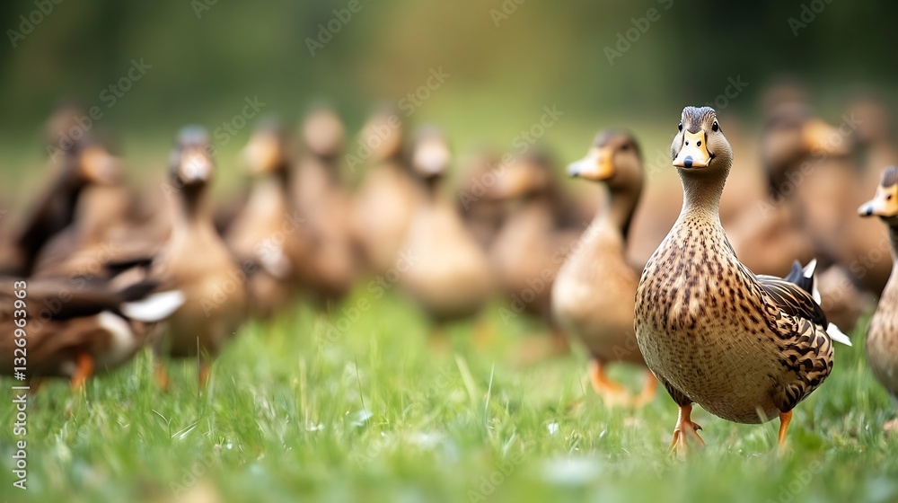 Poster curious ducks in a lush green field creating a playful atmosphere amidst natural beauty : generative