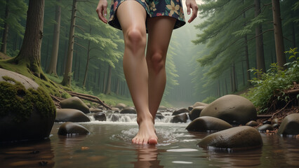 Free-Spirited Woman In Floral Dress Walking Barefoot Through Crystal Clear Forest Stream