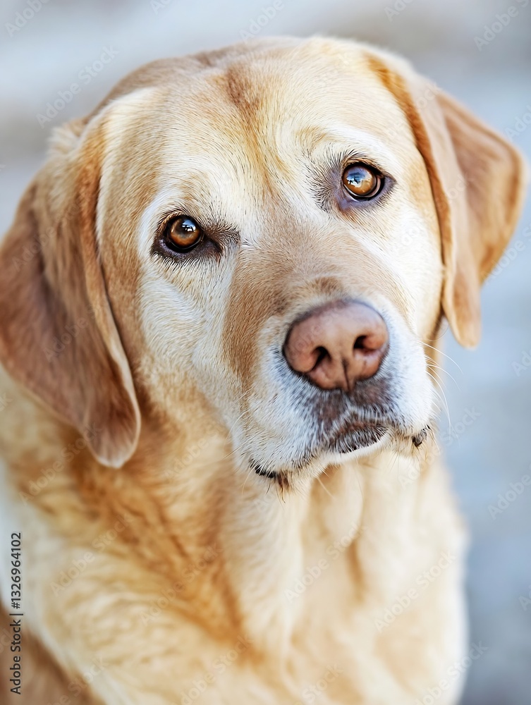 Poster gentle gaze of a golden retriever dog showcasing its expressive eyes and soft fur in a warm setting 