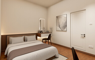 Interior of modern bedroom with beige and wooden walls, wooden floor.