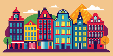 Old colorful buildings, vector flat isolated illustration. European traditional house facade. City architecture elements