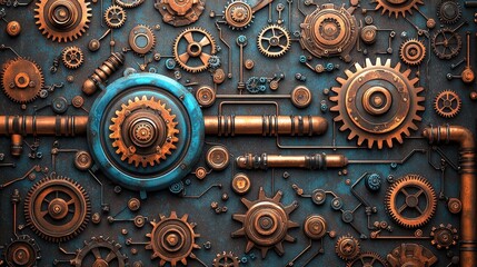 A detailed arrangement of gears and pipes, showcasing a steampunk aesthetic with a mix of copper and metallic elements.