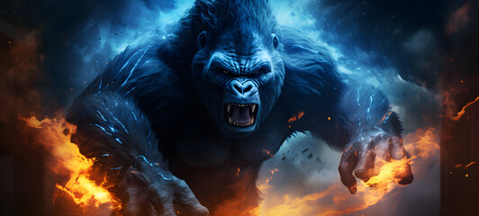 masterpiece,best quality, a flaming king kong gorilla, Realistic photo,8K wallpaper,Ultra-high,blue flash, resolution,freedom<lora:机甲king kong gorilla, ai generative
