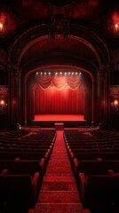 Elegant theater interior with red curtains and vintage architecture illuminated for a performance at night