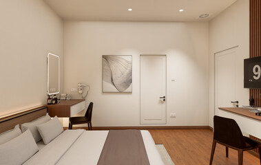 Interior of modern bedroom with beige and wooden walls, wooden floor.