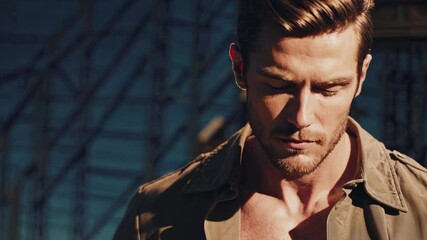 Stylish Male Model Posing Outdoors in Natural Light, Close-Up Portrait of a Confident Man with Intense Gaze