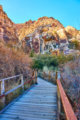 Fototapeta premium Pathway to Red Rock Nevada's Sunlit Canyon Adventure Perspective