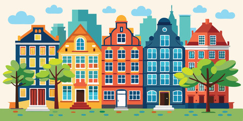 Old colorful buildings, vector flat isolated illustration. European traditional house facade. City architecture elements