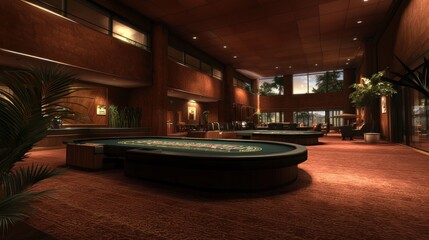 Luxurious Casino Interior with Poker Tables, Dusk Light, Tropical View