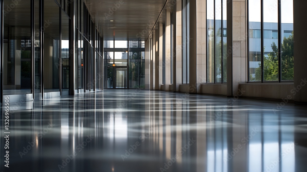 Leinwandbilder modern spacious corridor with tall glass windows and polished floors illuminated by natural light an
