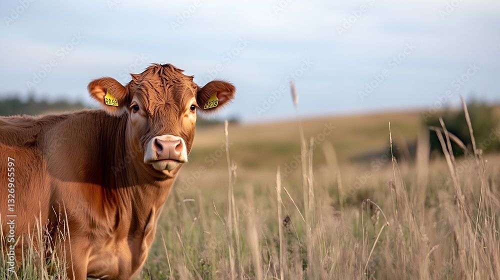 Poster brown cow standing in a lush green field with soft sunlight creating a calm rural scene : generative