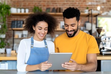 Young Couple Collaborating on Digital Tablet in Cozy Coffee Shop Setting