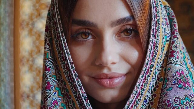 Beautiful Persian woman with stunning eyes and a subtle smile, elegantly adorned in a vibrant, traditional patterned headscarf, looking charmingly at the camera