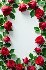 Fototapeta premium Vibrant red roses and fresh green leaves in a symmetrical top view arrangement, foliage, nature