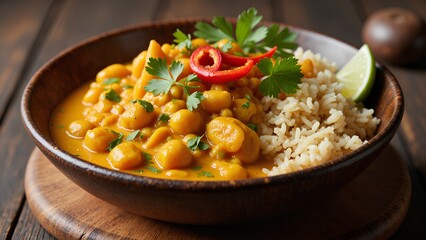 A delicious bowl of curry with chickpeas, served with rice and garnished with fresh herbs and spices, set on a rustic wooden surface.