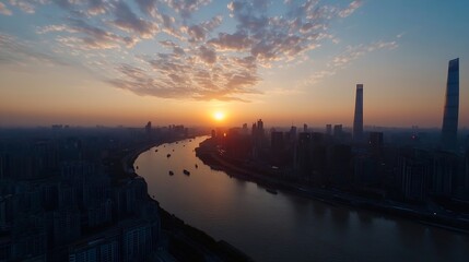 Naklejka premium Stunning panoramic view of a vibrant sunset over a city skyline with a winding river : Generative AI