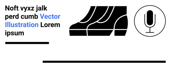 Black boots silhouette alongside a round microphone symbol, accompanied by placeholder text and lines. Ideal for podcast branding, music production, fashion ads, commentary, modern design, technology