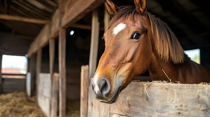 Closeup portrait of a curious horse looking out from its stable with straw and rustic wooden background adding warmth to the scene : Generative AI