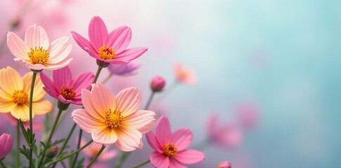 Vibrant spring flowers blooming with pink, yellow, and purple petals on a soft pastel background, purple, vibrant, abstract