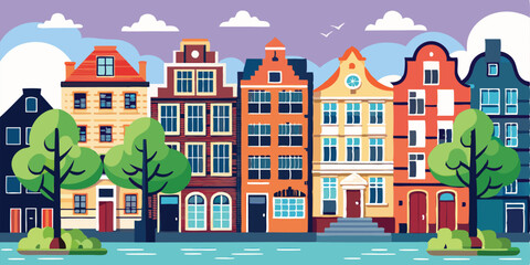 Netherlands Houses, Amsterdam traditional colorful homes, architecture illustrations