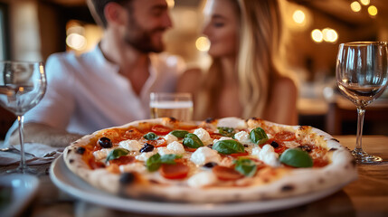 A romantic couple shares a fresh, rustic pizza in a cozy Italian trattoria, bathed in warm, elegant lighting.
