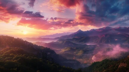 Serene Mountain Landscape Under Vibrant Sunset Sky with Clouds