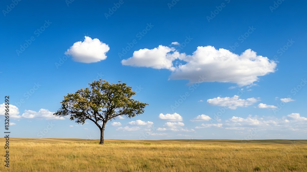 Poster Lonely tree standing tall on a golden field under a blue sky with fluffy clouds creating a serene landscape : Generative AI