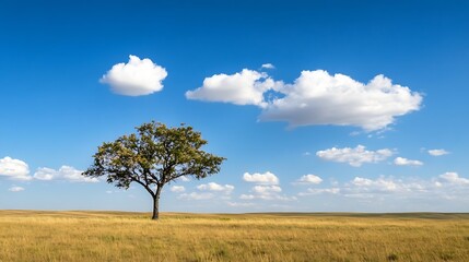 Fototapeta premium Lonely tree standing tall on a golden field under a blue sky with fluffy clouds creating a serene landscape : Generative AI
