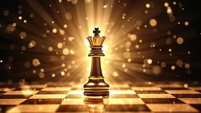 Golden chess king piece illuminated by sparkling lights on chessboard, symbolizing victory and strategy in game of chess.