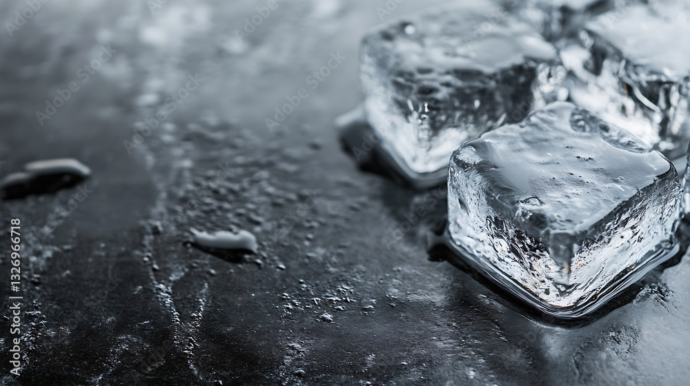 Poster glassy ice cubes on a wet black surface with water droplets showcasing freshness : generative ai