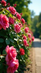 Lush rose bushes overflowing with blooms in a sunny park , outdoor, day, landscape