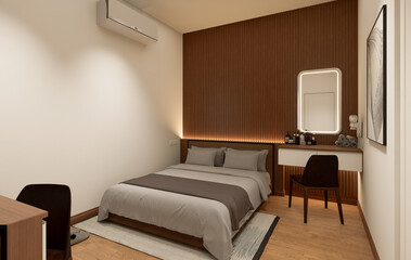 Interior of modern bedroom with beige and wooden walls, wooden floor.