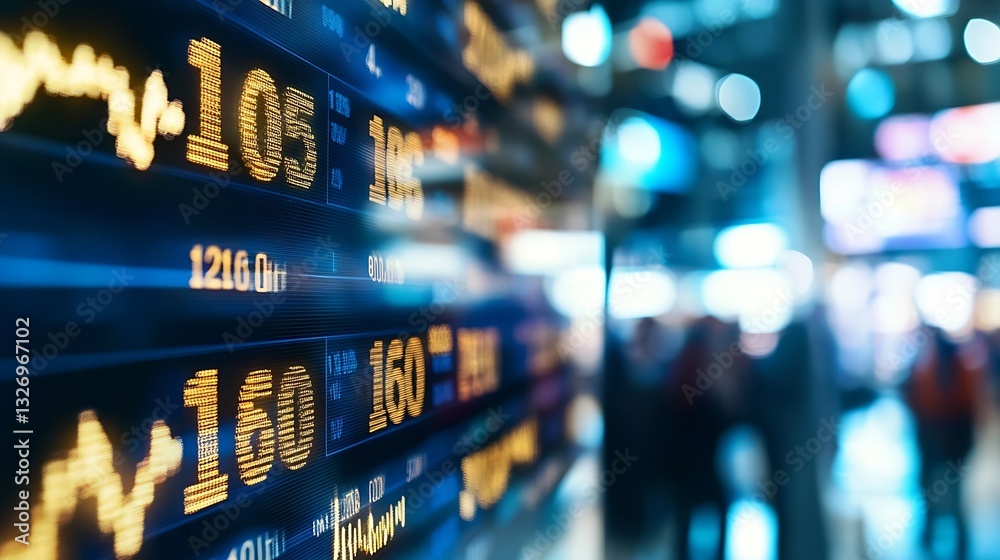 Poster financial market display with striking numbers and graphics conveying stock trends and market volati