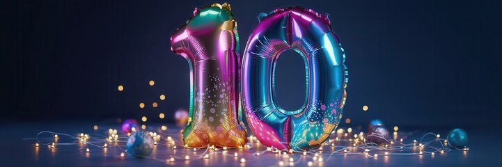 Tenth Anniversary Celebration: Festive Rainbow Balloons & Sparkling Lights