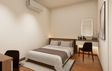 Interior of modern bedroom with beige and wooden walls, wooden floor.