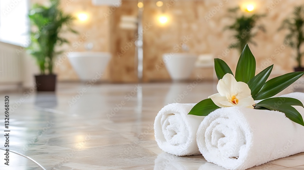 Poster luxurious spa ambiance with rolled towels and exotic flower for ultimate relaxation and pampering ex