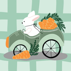 A cute white bunny rides a green vintage car loaded with fresh carrots. The soft pastel palette and charming details create a warm and festive Easter illustration.